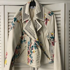 Never worn cream floral cropped waist leather jacket zip front